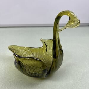 Vintage MCM Swan Kanawha Art Glass Olive Green Bowl Bird Candy Nut Trinket Dish